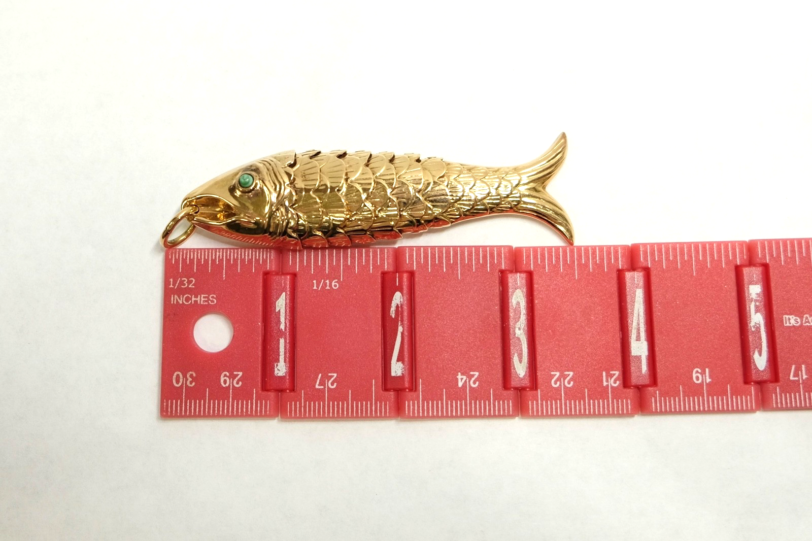 14K Gold Articulated Fish Pendant Turquoise Eyes