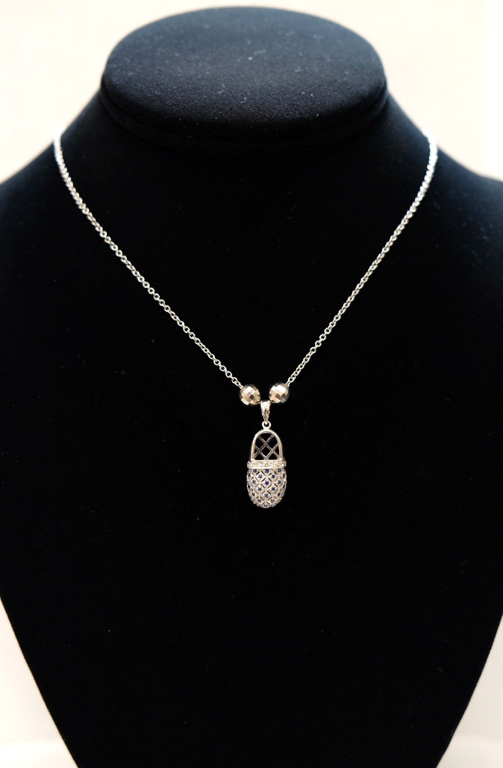 Baby Shoe Pendant Necklace in 14K White Gold with Diamonds & Sapphires
