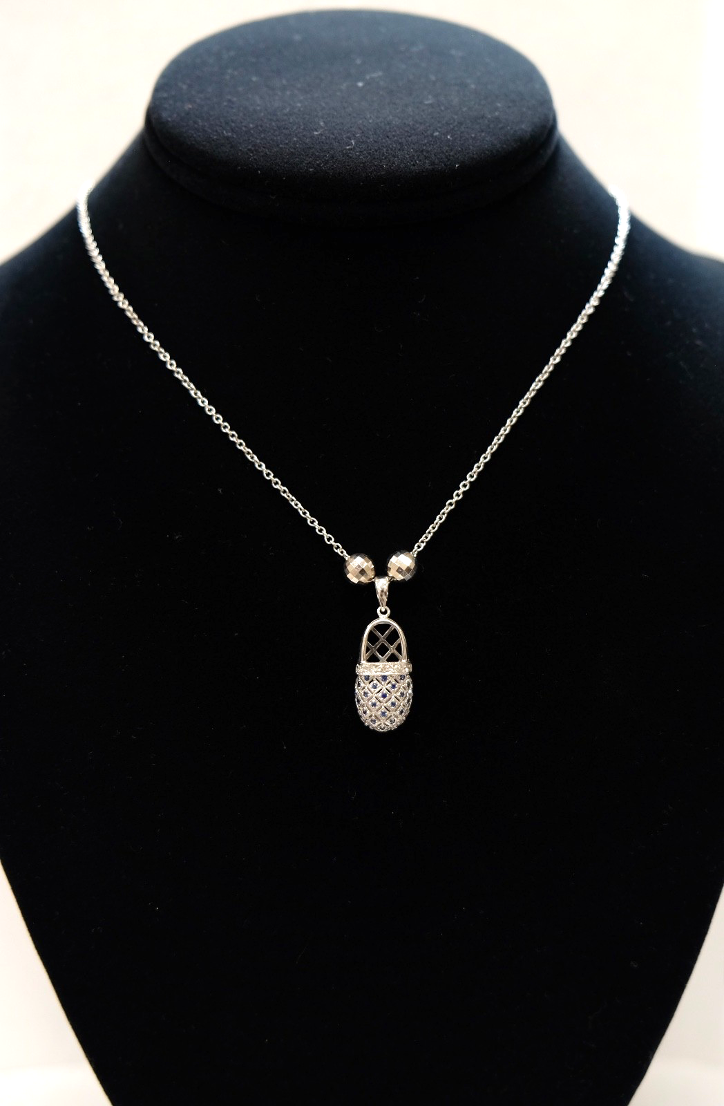 Baby Shoe Pendant Necklace in 14K White Gold with Diamonds & Sapphires