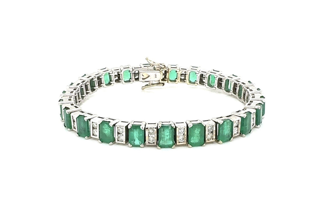 12.00cts Genuine Colombian Emeralds .80 tcw diamond 14k White Gold Bracelet