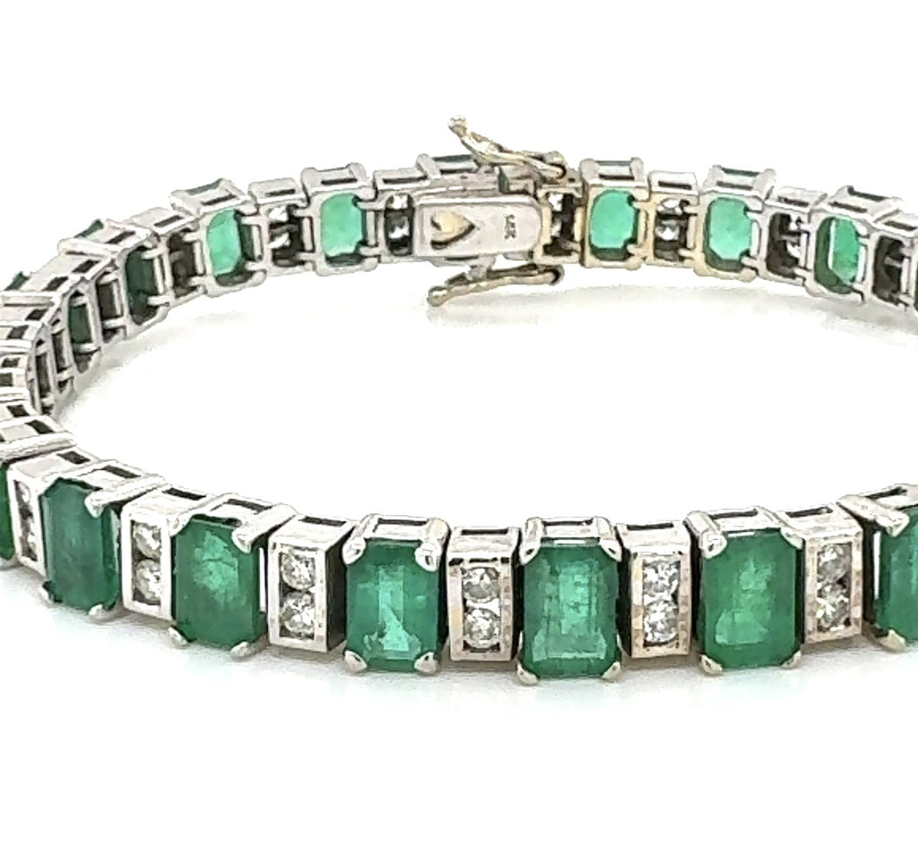 12.00cts Genuine Colombian Emeralds .80 tcw diamond 14k White Gold Bracelet