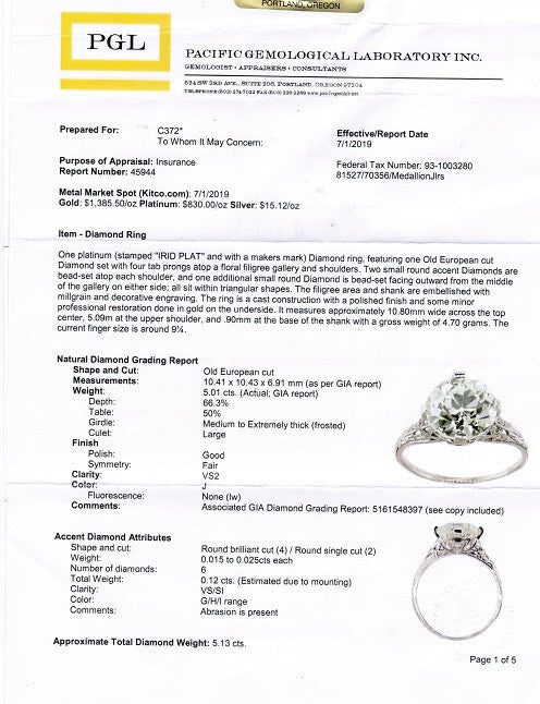 Vintage Platinum OEC 5.13 ct Diamond Ring Size 9.25