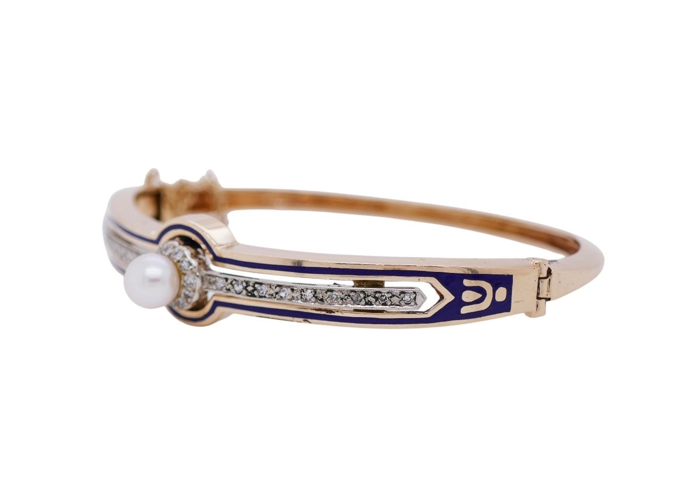 Victorian 14K Gold Bangle Bracelet Pearl & Diamond Blue Enamel Detailing