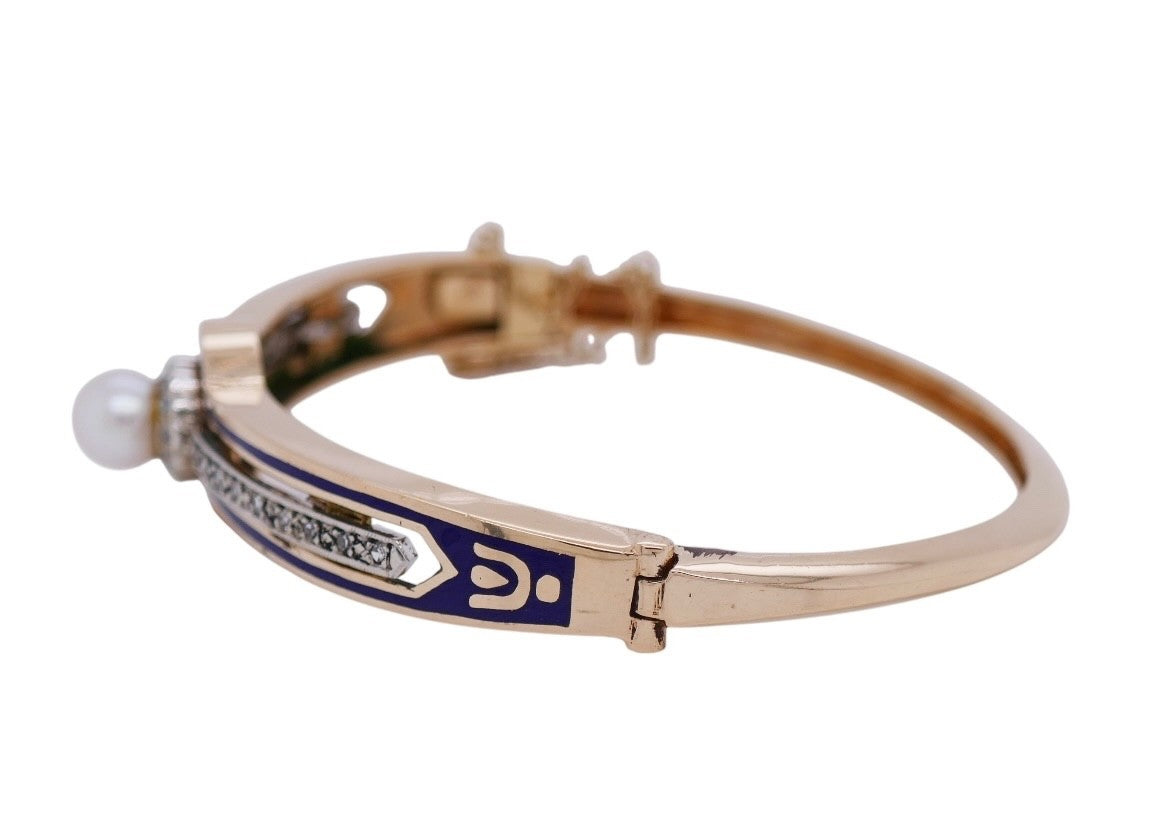Victorian 14K Gold Bangle Bracelet Pearl & Diamond Blue Enamel Detailing