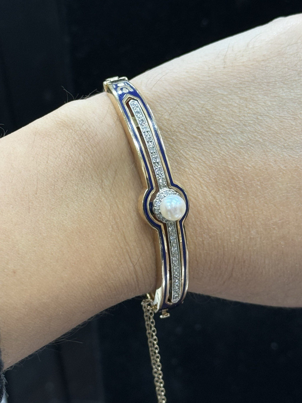 Victorian 14K Gold Bangle Bracelet Pearl & Diamond Blue Enamel Detailing