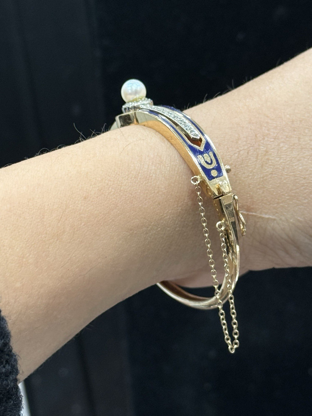 Victorian 14K Gold Bangle Bracelet Pearl & Diamond Blue Enamel Detailing