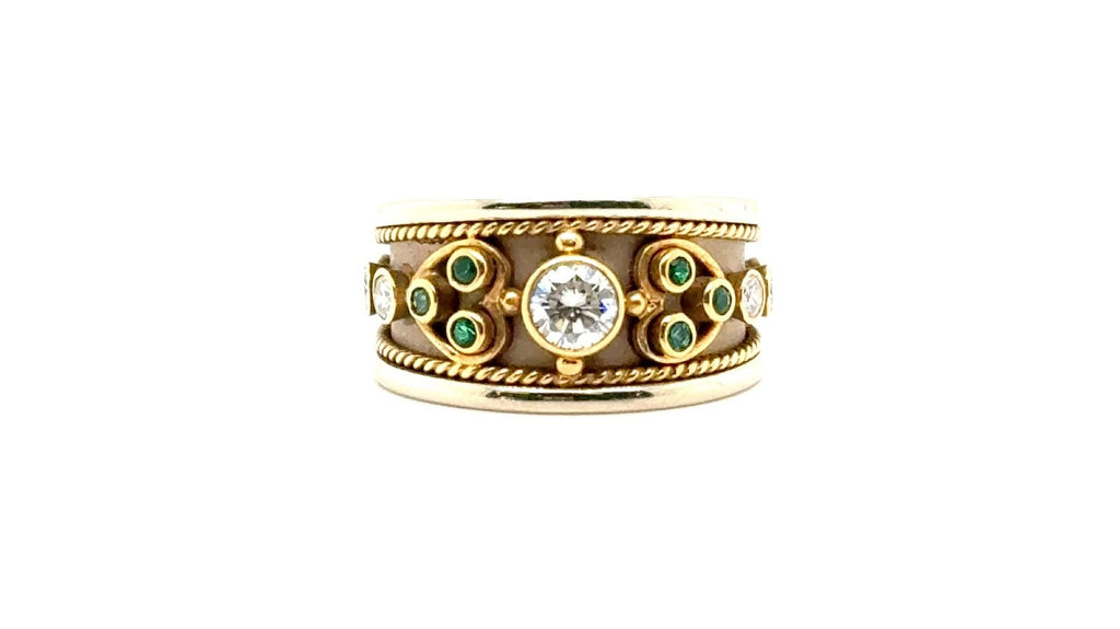 18K Yellow Gold Emerald & Diamond Wide Band Ring