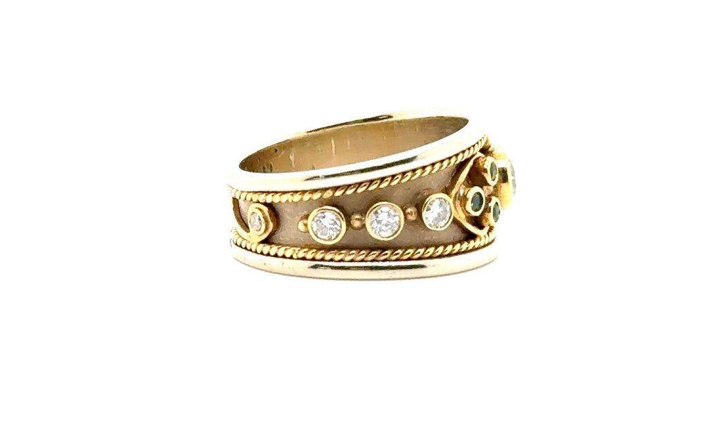 18K Yellow Gold Emerald & Diamond Wide Band Ring