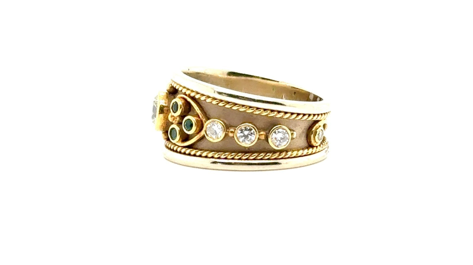 18K Yellow Gold Emerald & Diamond Wide Band Ring