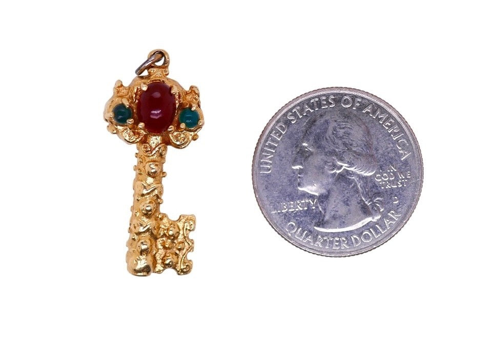 Vintage 14K Gold Cabochon Gemstone Reversible Key Charm/Pendant