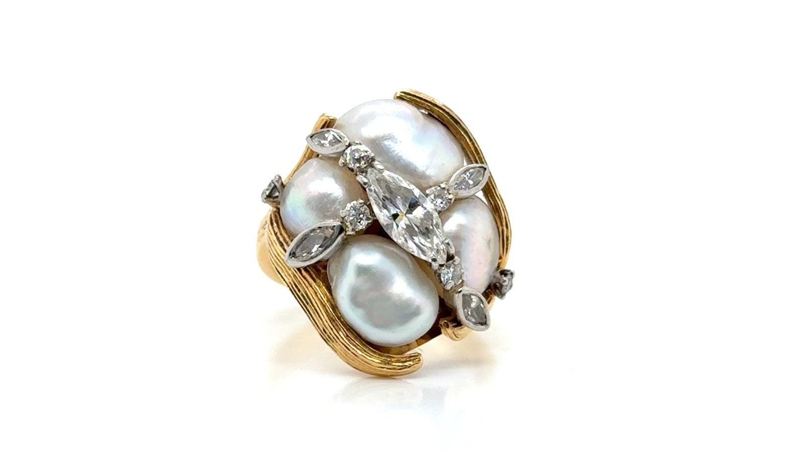 Vintage 14K Gold Baroque Pearl & Diamond Cocktail Ring Size 5.25