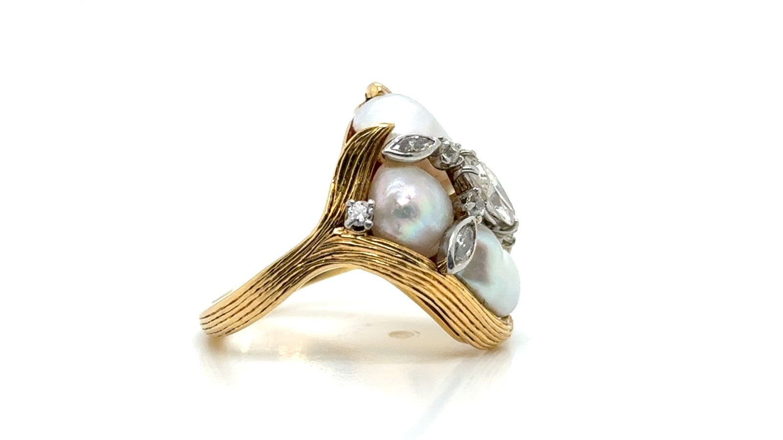 Vintage 14K Gold Baroque Pearl & Diamond Cocktail Ring Size 5.25