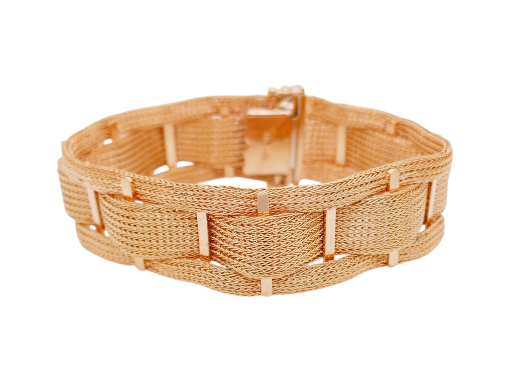 Vintage 18K Yellow Gold Wide Woven Mesh Bracelet 7 inches