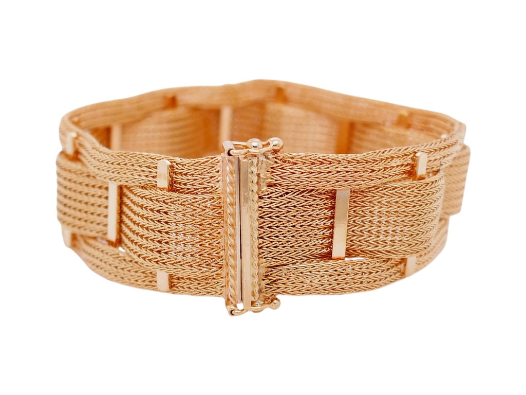 Vintage 18K Yellow Gold Wide Woven Mesh Bracelet 7 inches