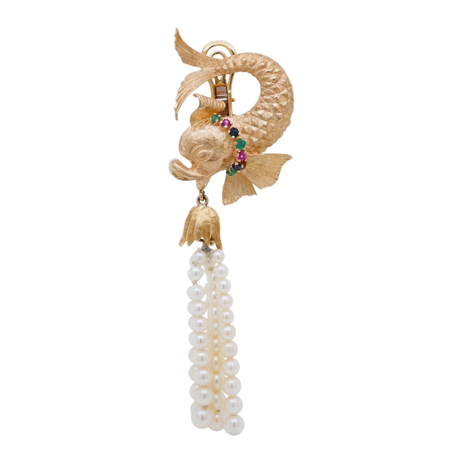 Vintage 18K Gold Pearl & Gemstone Asymetrical Fish Earrings