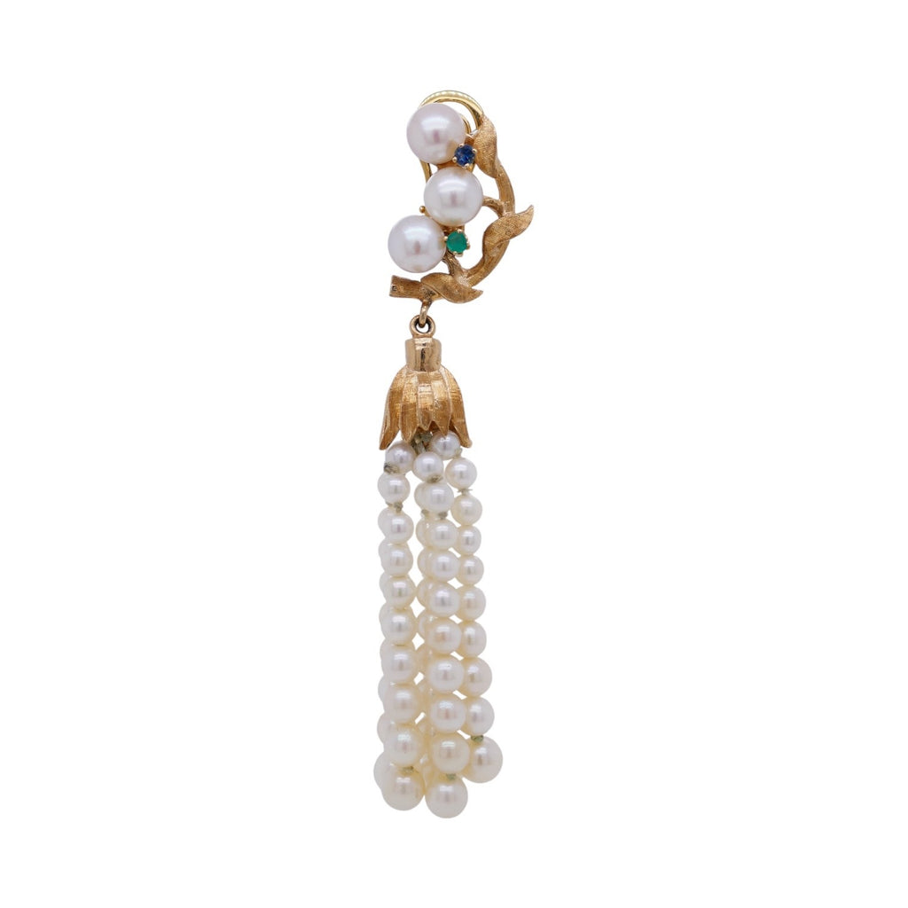 Vintage 18K Gold Pearl & Gemstone Asymetrical Fish Earrings