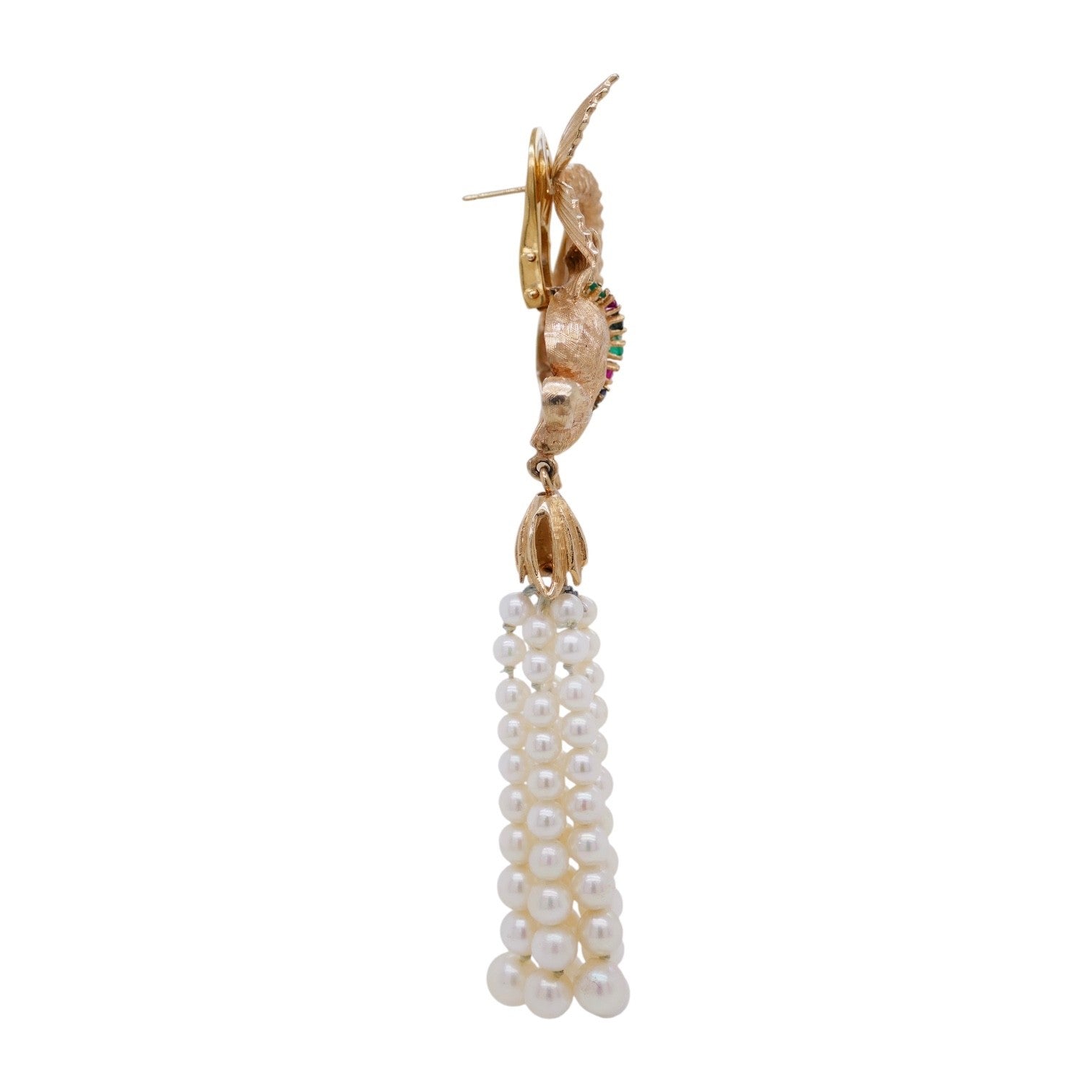 Vintage 18K Gold Pearl & Gemstone Asymetrical Fish Earrings