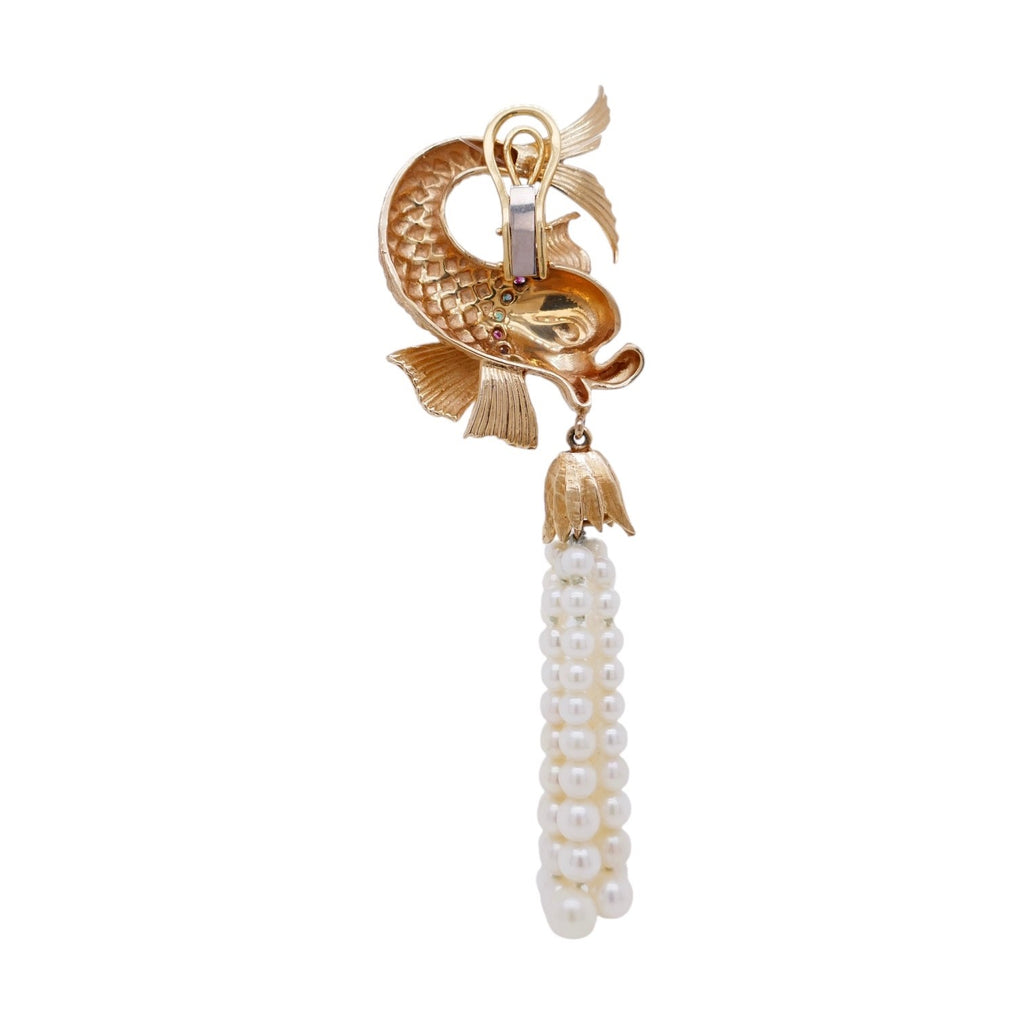Vintage 18K Gold Pearl & Gemstone Asymetrical Fish Earrings