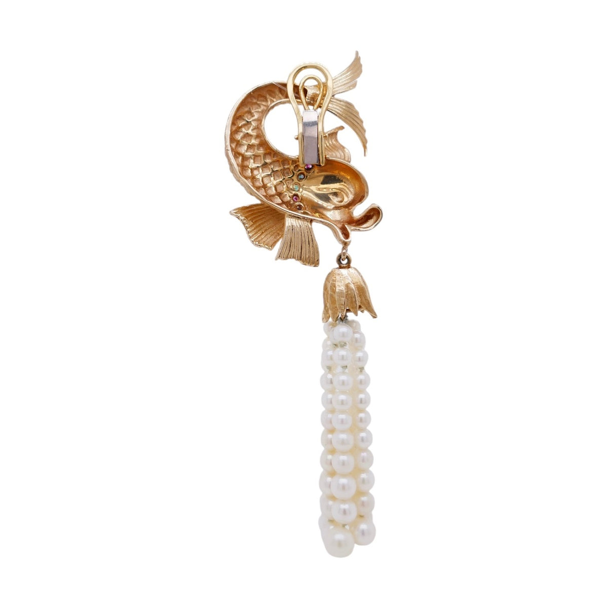 Vintage 18K Gold Pearl & Gemstone Asymetrical Fish Earrings