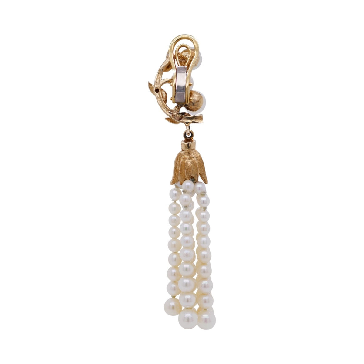 Vintage 18K Gold Pearl & Gemstone Asymetrical Fish Earrings