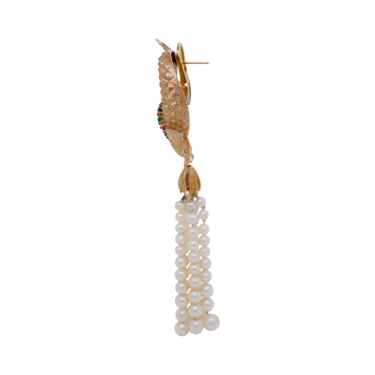 Vintage 18K Gold Pearl & Gemstone Asymetrical Fish Earrings