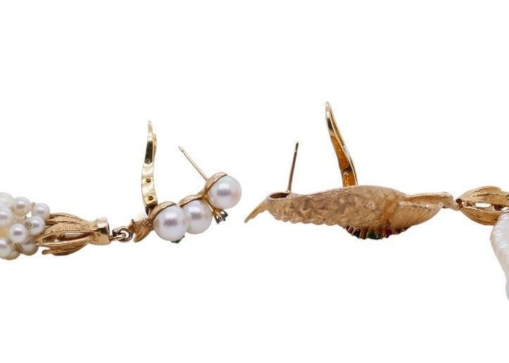 Vintage 18K Gold Pearl & Gemstone Asymetrical Fish Earrings
