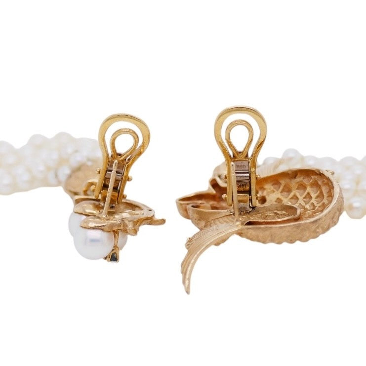 Vintage 18K Gold Pearl & Gemstone Asymetrical Fish Earrings