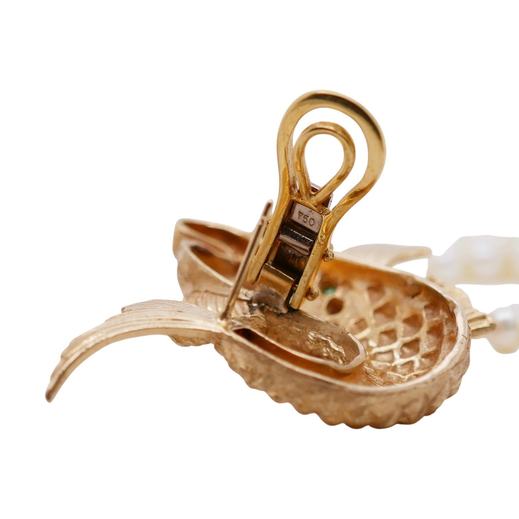 Vintage 18K Gold Pearl & Gemstone Asymetrical Fish Earrings