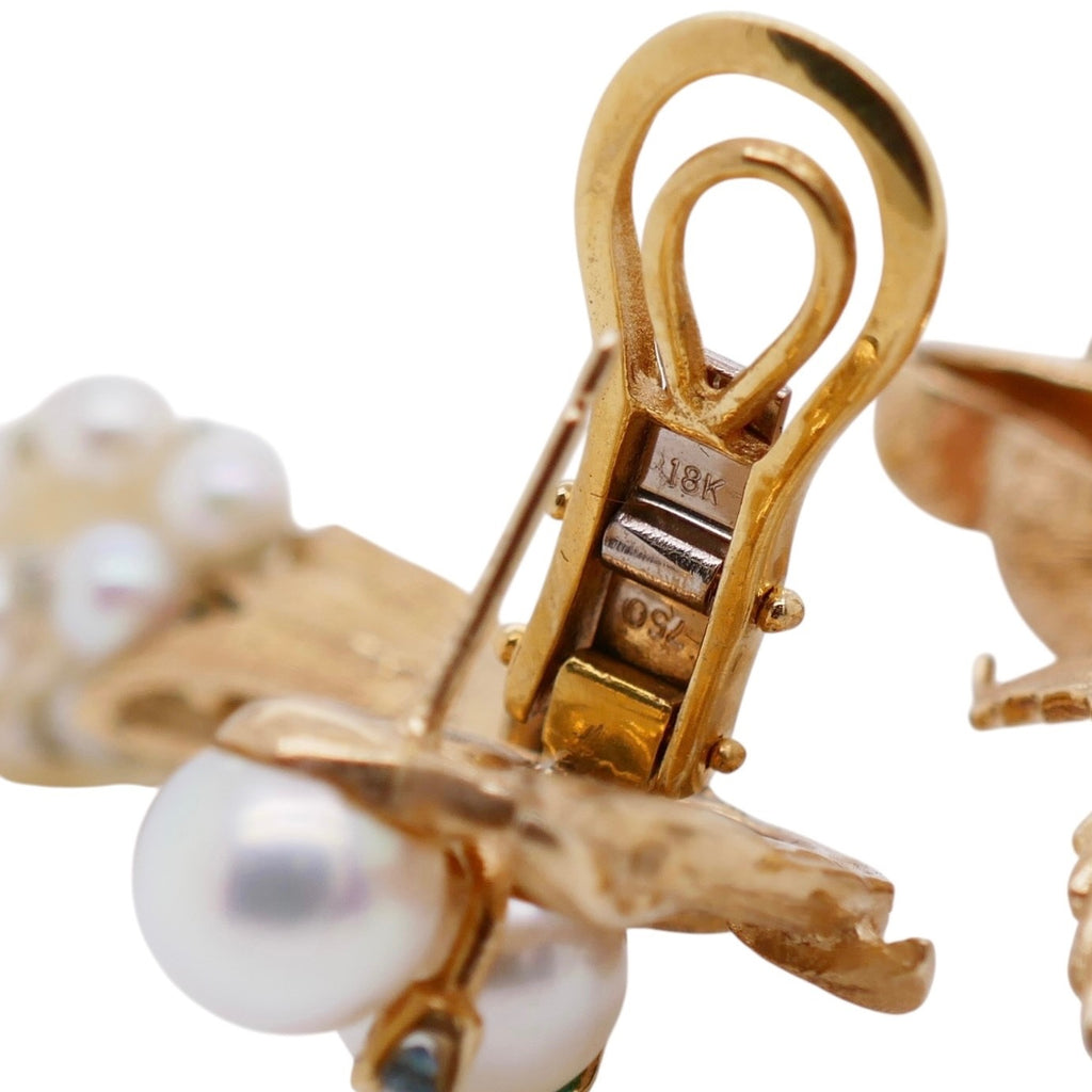 Vintage 18K Gold Pearl & Gemstone Asymetrical Fish Earrings