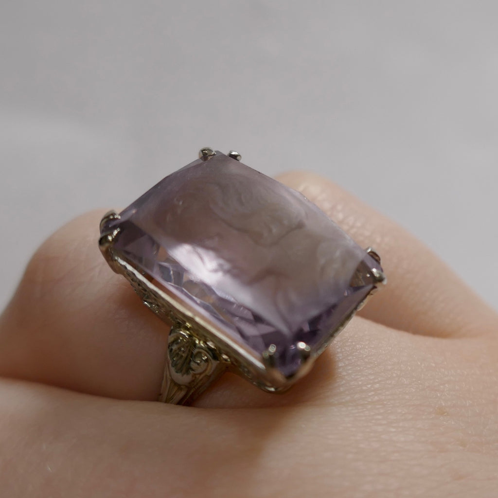 Antique 18k White Gold Amethyst Cameo Ring Size 7.25