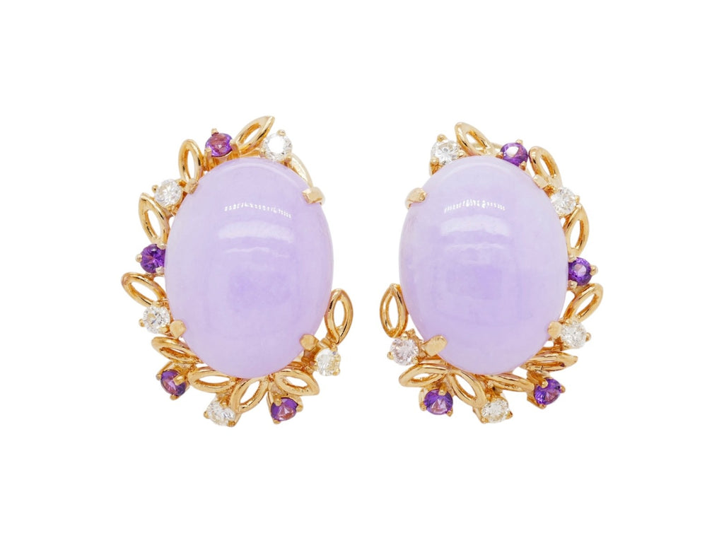 14k Gold Lavender Jade Earrings Diamond & Amethyst Accent Stones