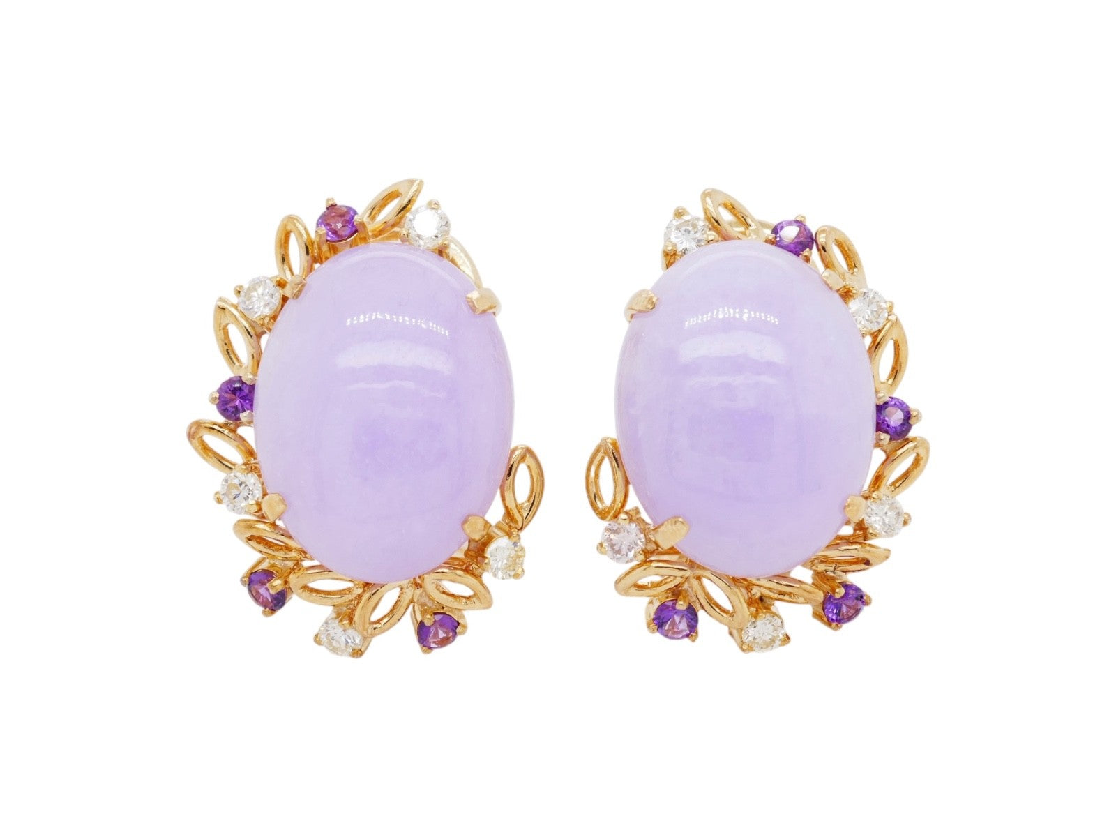 14k Gold Lavender Jade Earrings Diamond & Amethyst Accent Stones