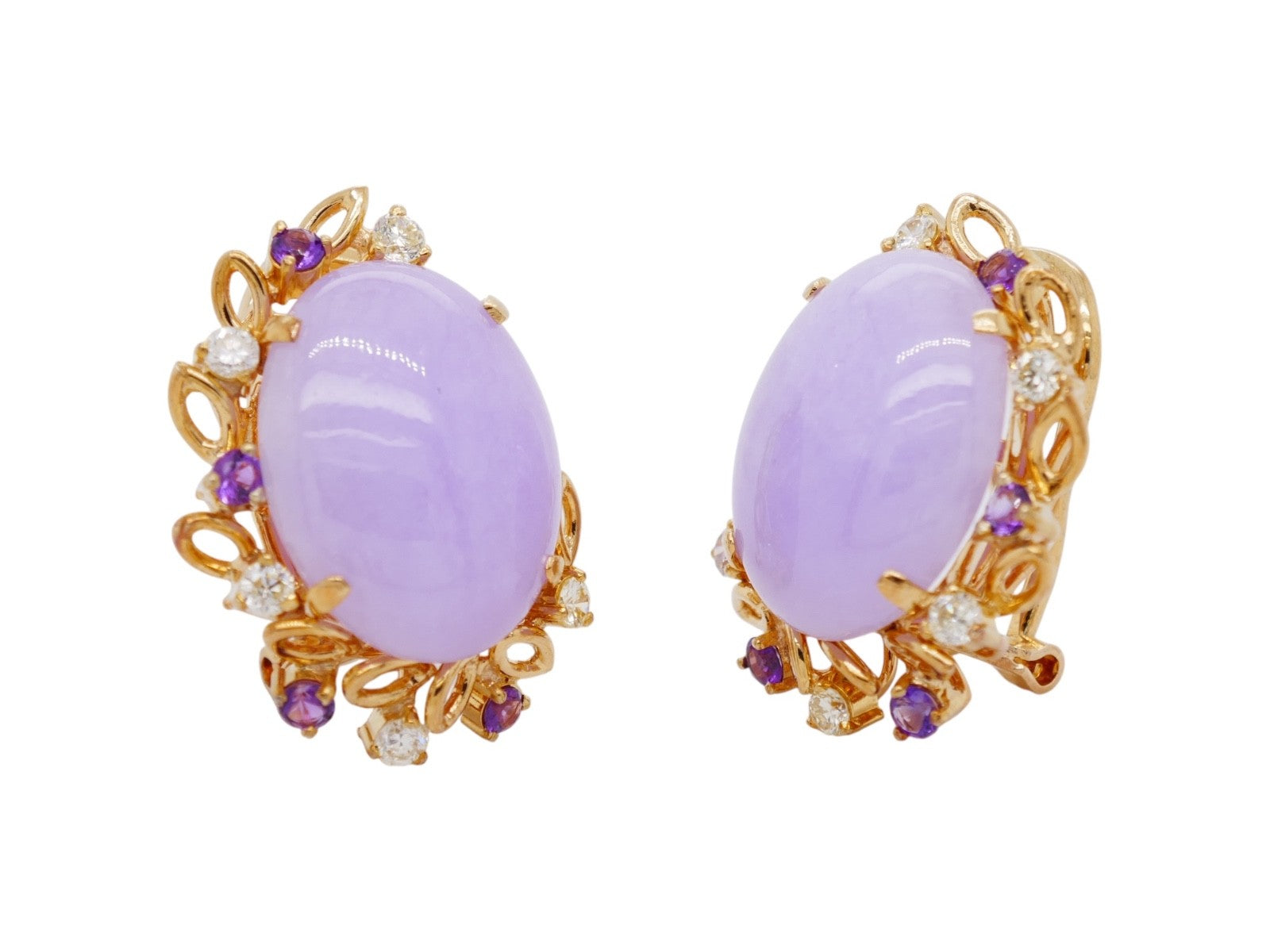 14k Gold Lavender Jade Earrings Diamond & Amethyst Accent Stones