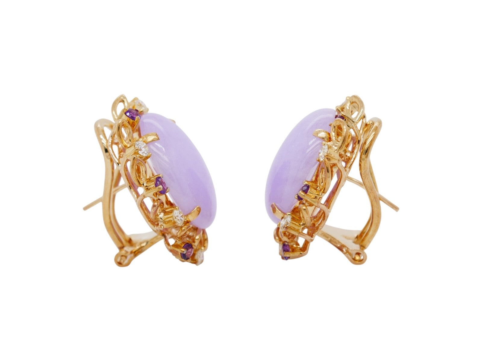 14k Gold Lavender Jade Earrings Diamond & Amethyst Accent Stones