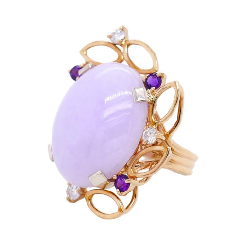 14k Gold Lavender Jade Diamond & Amethyst Ring Size 6.5