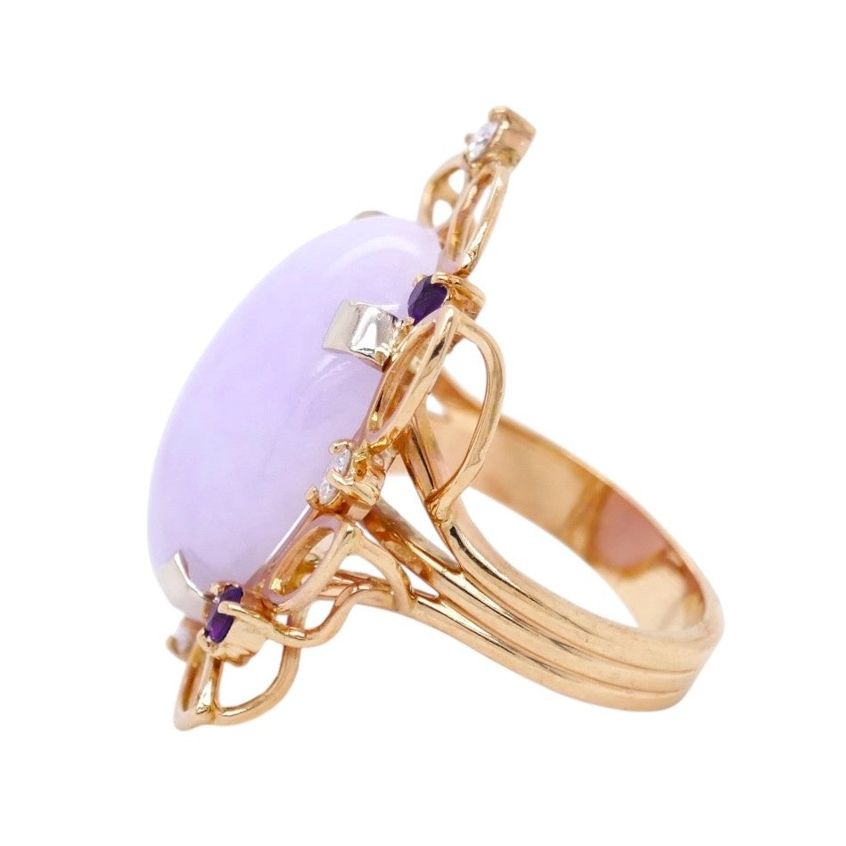 14k Gold Lavender Jade Diamond & Amethyst Ring Size 6.5