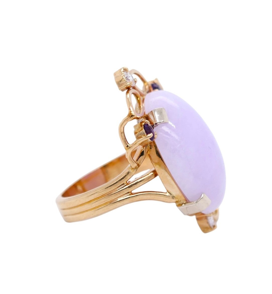 14k Gold Lavender Jade Diamond & Amethyst Ring Size 6.5
