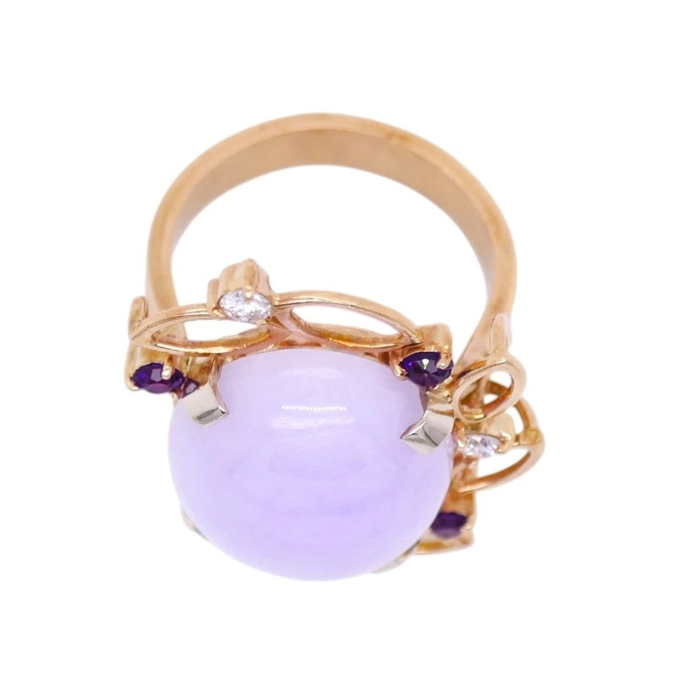 14k Gold Lavender Jade Diamond & Amethyst Ring Size 6.5