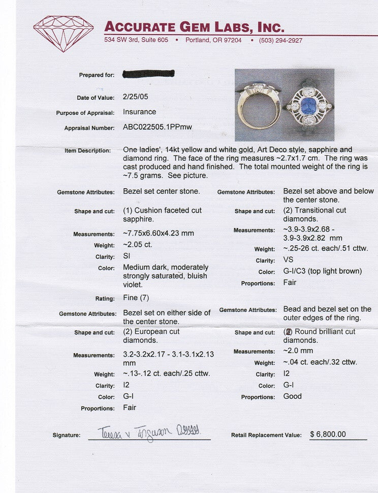 Art Deco 14k White & Yellow Gold Blue Sapphire & Diamond Engagement Ring