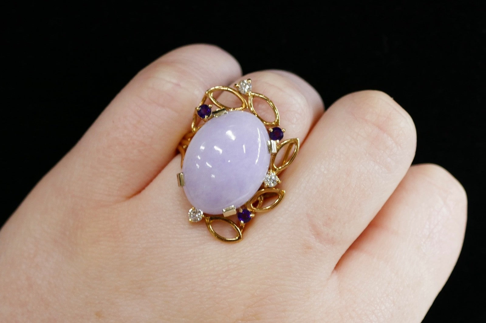 14k Gold Lavender Jade Diamond & Amethyst Ring Size 6.5