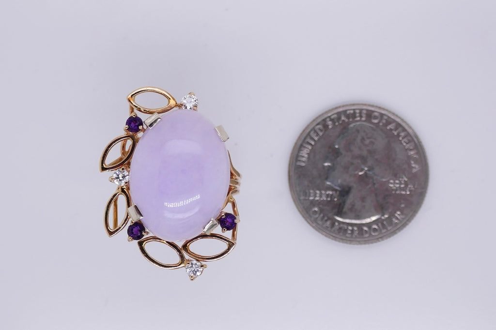 14k Gold Lavender Jade Diamond & Amethyst Ring Size 6.5
