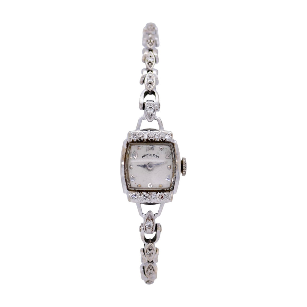 Vintage Hamilton 14K White Gold & Diamond Ladies Watch 5.9 in