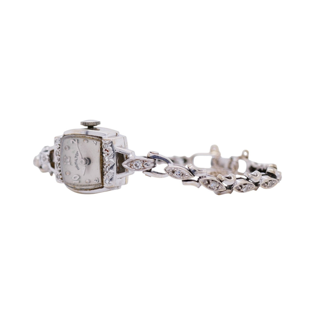 Vintage Hamilton 14K White Gold & Diamond Ladies Watch 5.9 in