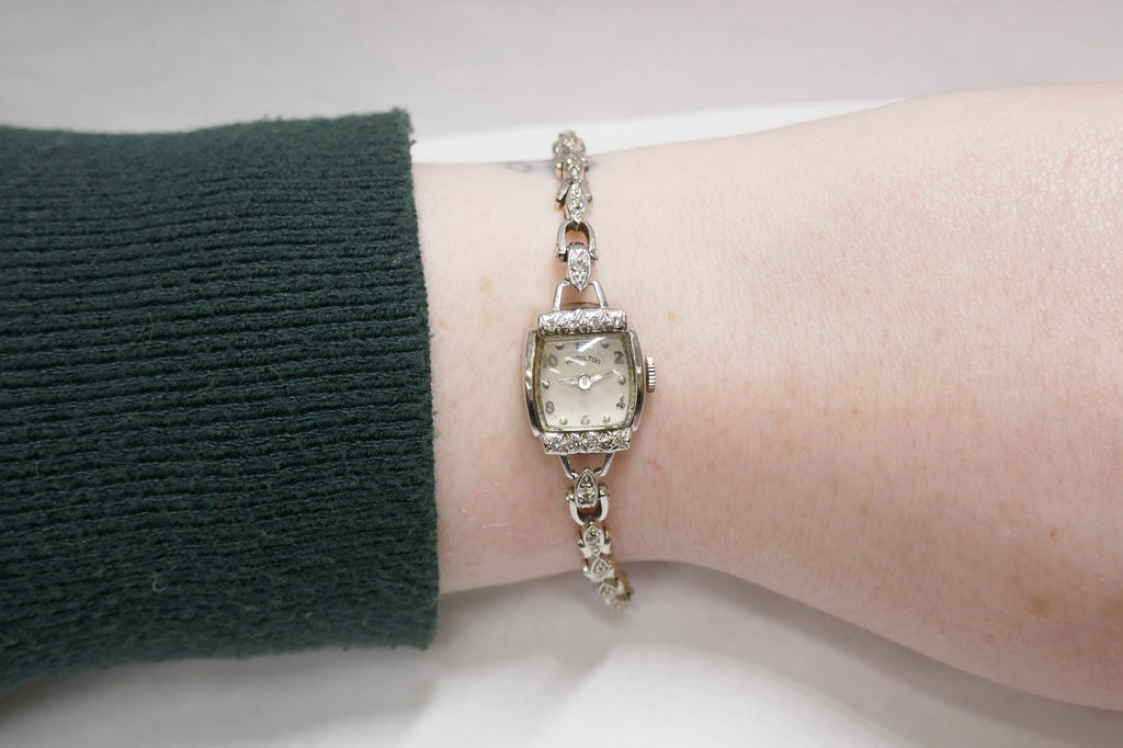 Vintage Hamilton 14K White Gold & Diamond Ladies Watch 5.9 in