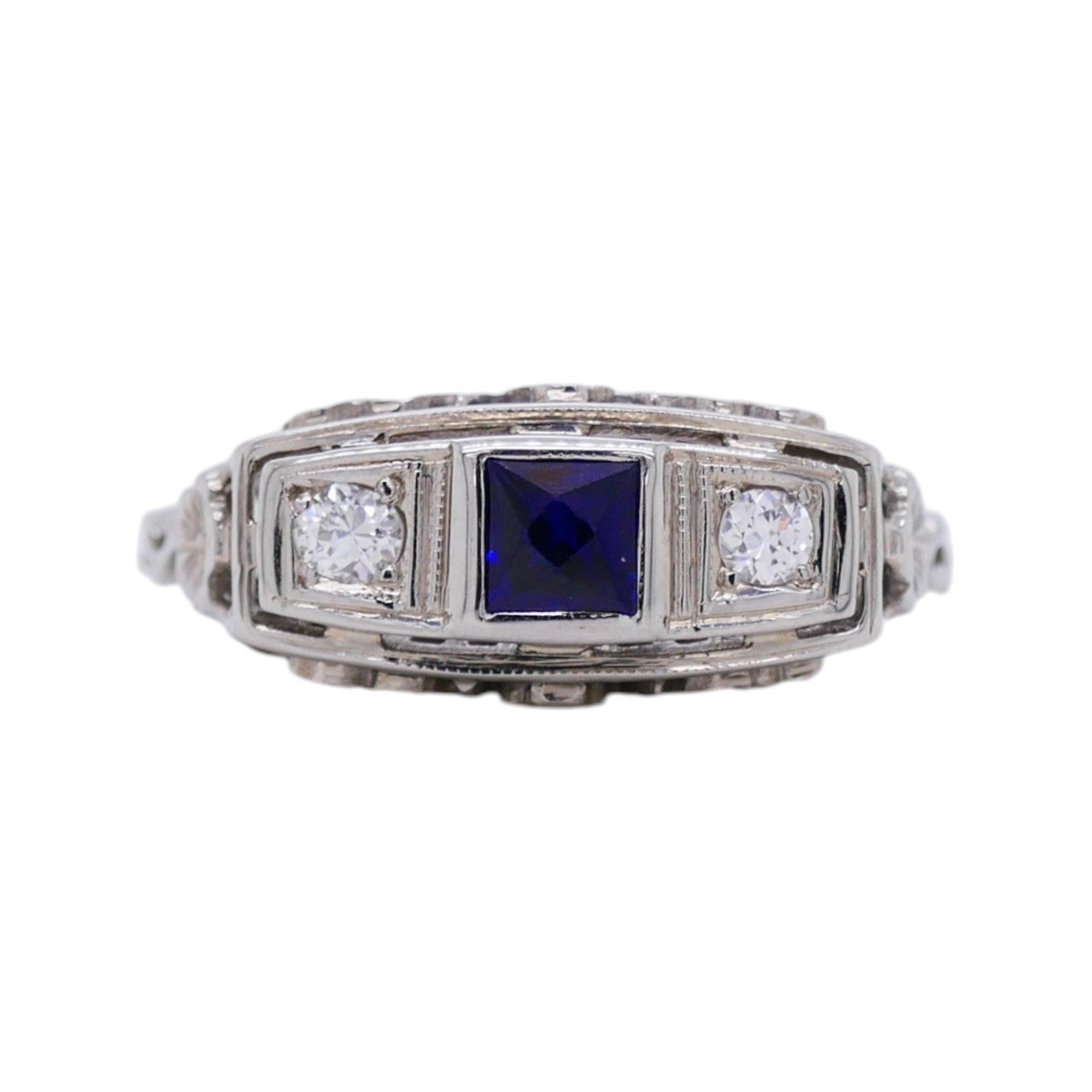 Vintage Art Deco 14K White Gold Diamond & Sapphire Ring Size 5.75