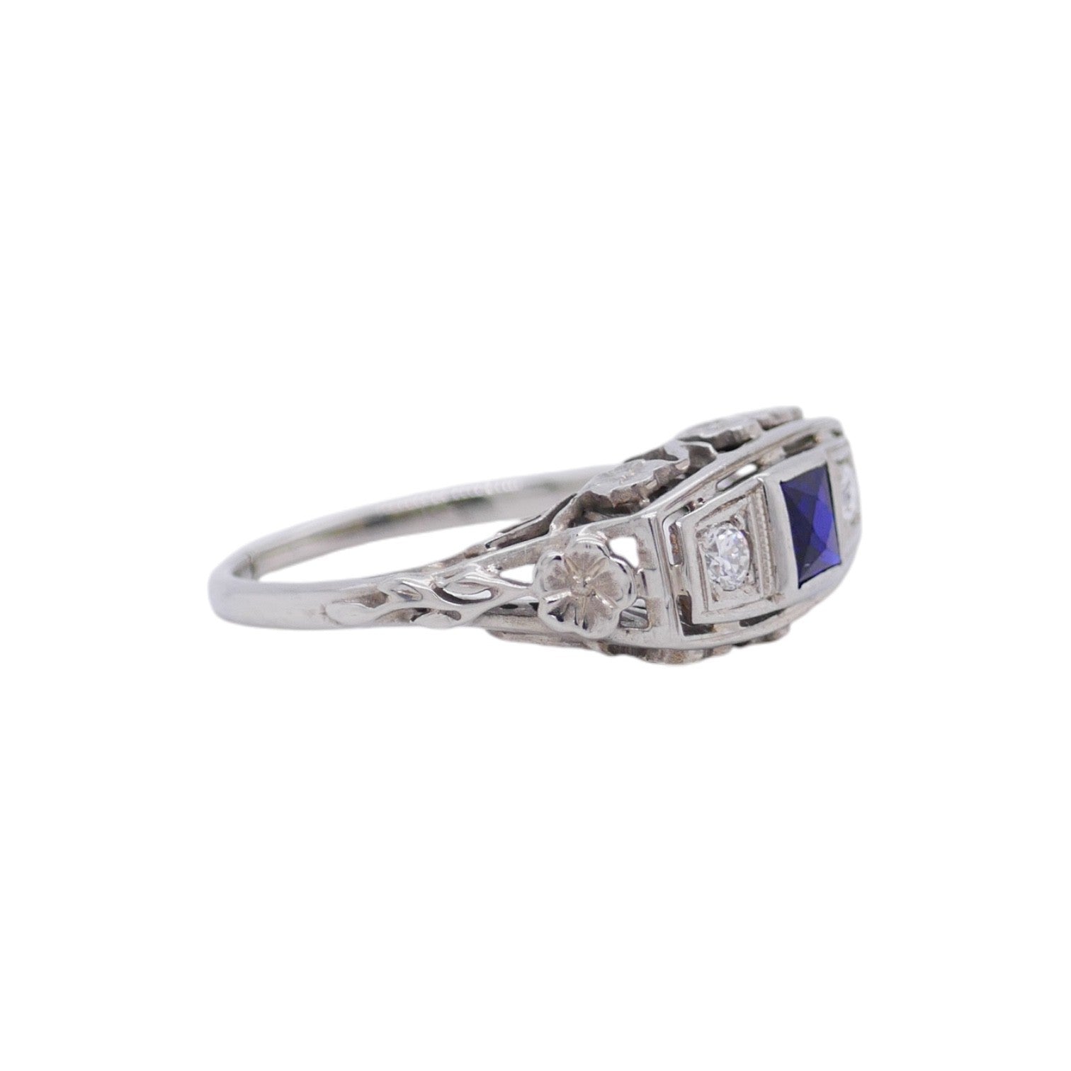 Vintage Art Deco 14K White Gold Diamond & Sapphire Ring Size 5.75