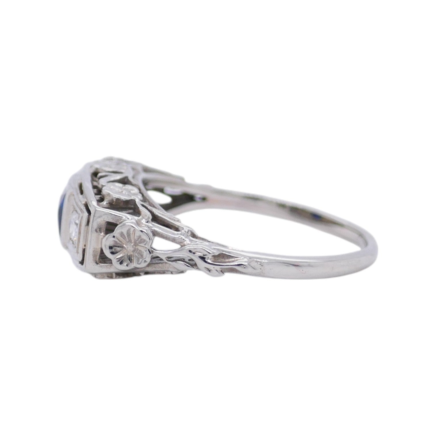 Vintage Art Deco 14K White Gold Diamond & Sapphire Ring Size 5.75