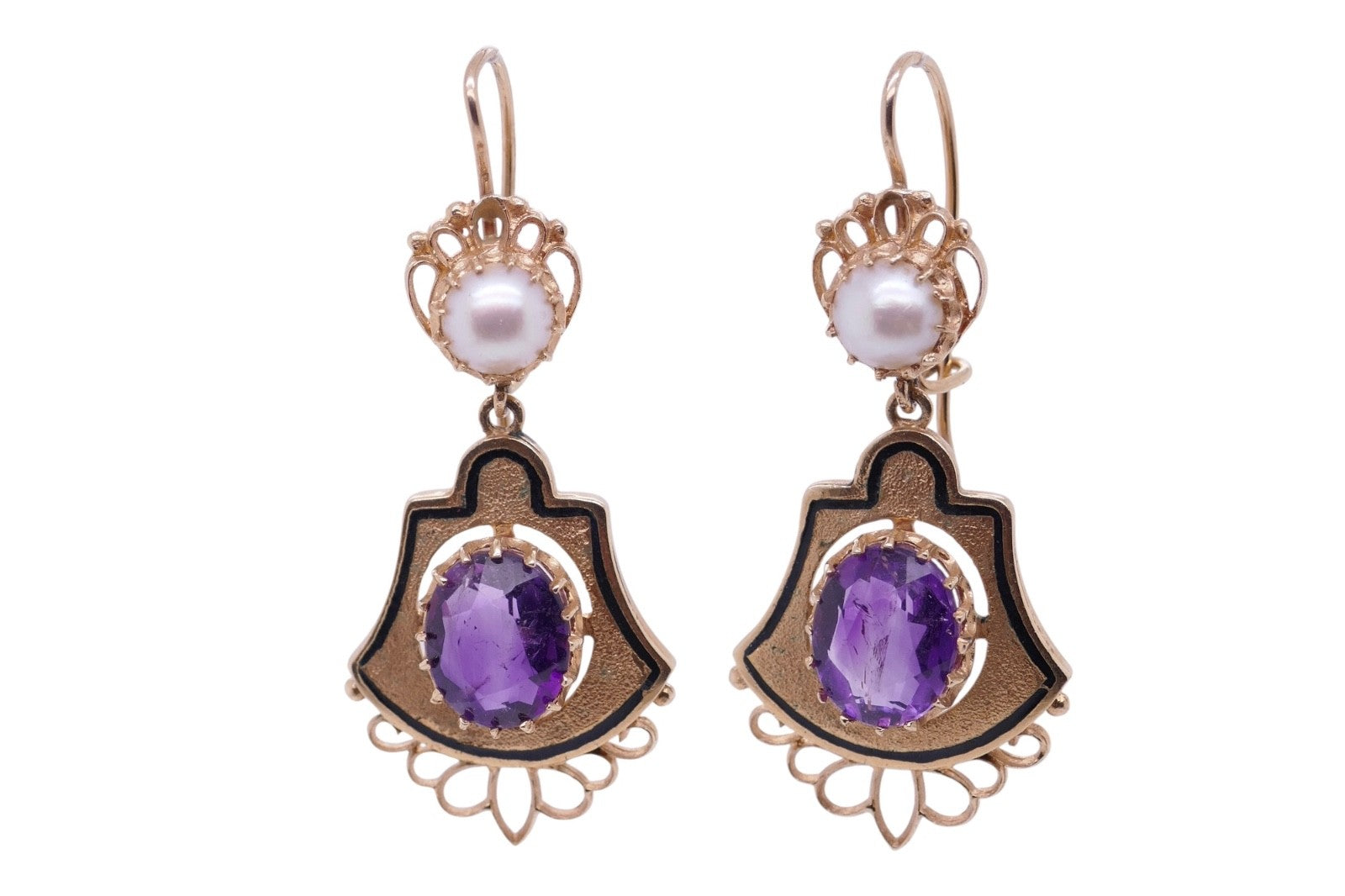 Vintage 14K Gold Amethyst & Pearl Drop Earrings Ornate Filigree Design