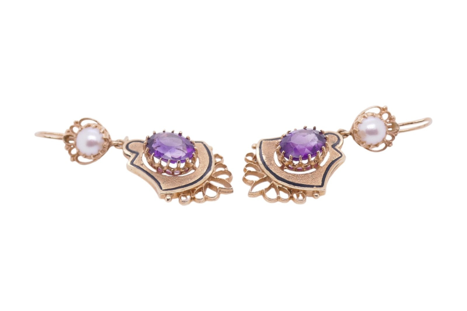 Vintage 14K Gold Amethyst & Pearl Drop Earrings Ornate Filigree Design