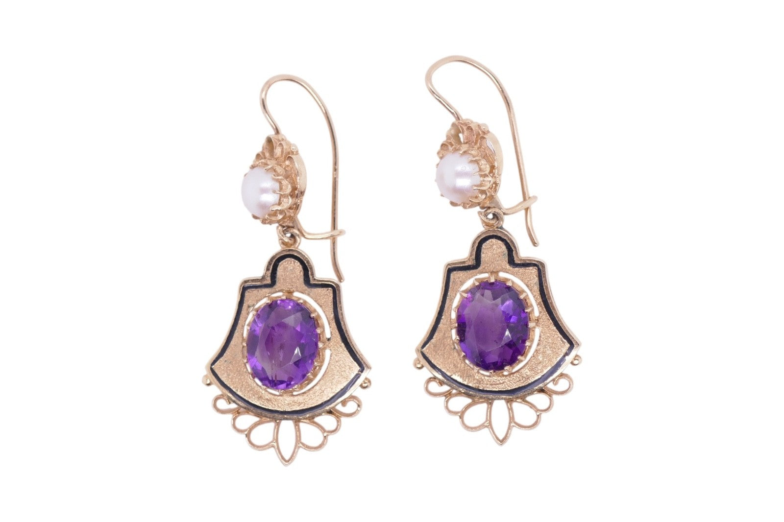 Vintage 14K Gold Amethyst & Pearl Drop Earrings Ornate Filigree Design